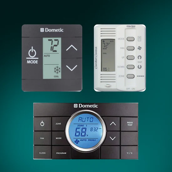 Dometic and GE RV thermostat replacement and upgrade models, including 3-wire, 5-button, and 12-button zone control options.
